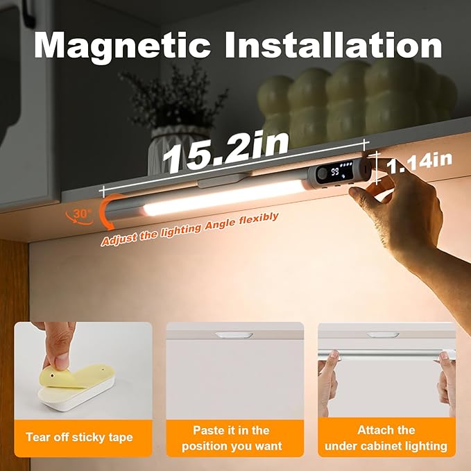 15.2" 2 Pack Motion Sensor Under Cabinet Lighting with Digital Display, 4 Brightness & 3 Color Temperatures, Rechargeable Led Under Cabinet Lights for Closet Cabinet Bedroom Hallway