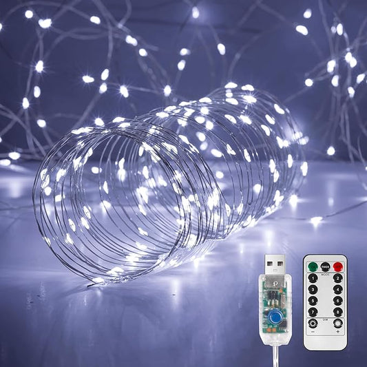 1 Pack 32. 8 ft. USB Powered Fairy Lights with Remote & Timer, 100 LED USB Twinkle String Lights - Silver Wire, 8 Modes, Waterproof, Cool White Starry Lights for Party, Wedding, Christmas