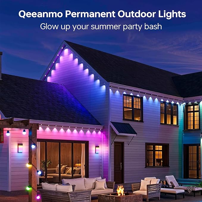 Permanent Outdoor Lights 100FT RGB+IC Smart String Lights for House, App & Remote Control, Waterproof IP67 LED Eaves Lights, Music Sync, 212 Scene Modes, Outdoor Christmas Patio Roof Decor