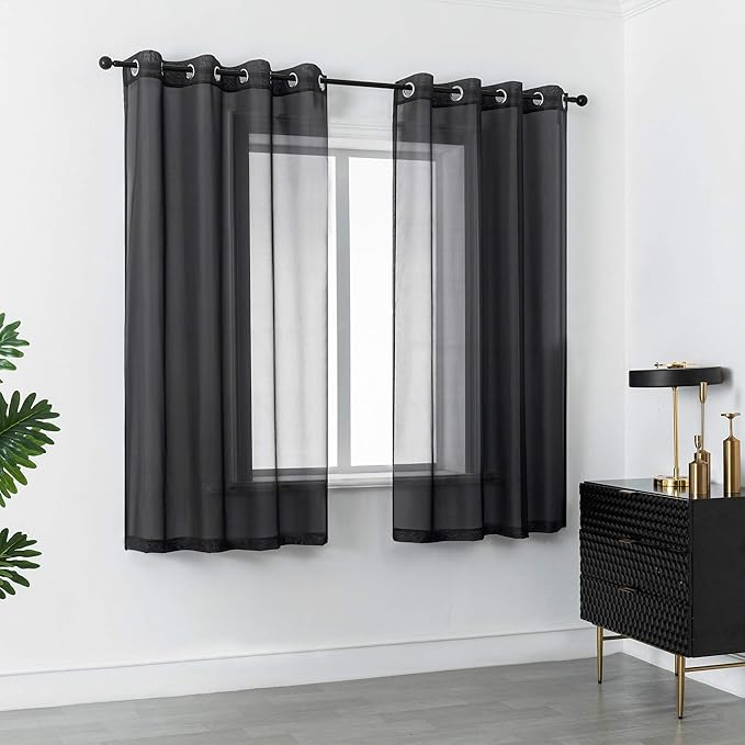 DUALIFE Black Sheer Curtains 54 Inch Length for Basement Windows Set of 2 Panels Grommet Semi Translucent Short Curtains for Small Windows Kitchen Bedroom Bathroom 52x54 Inches Long