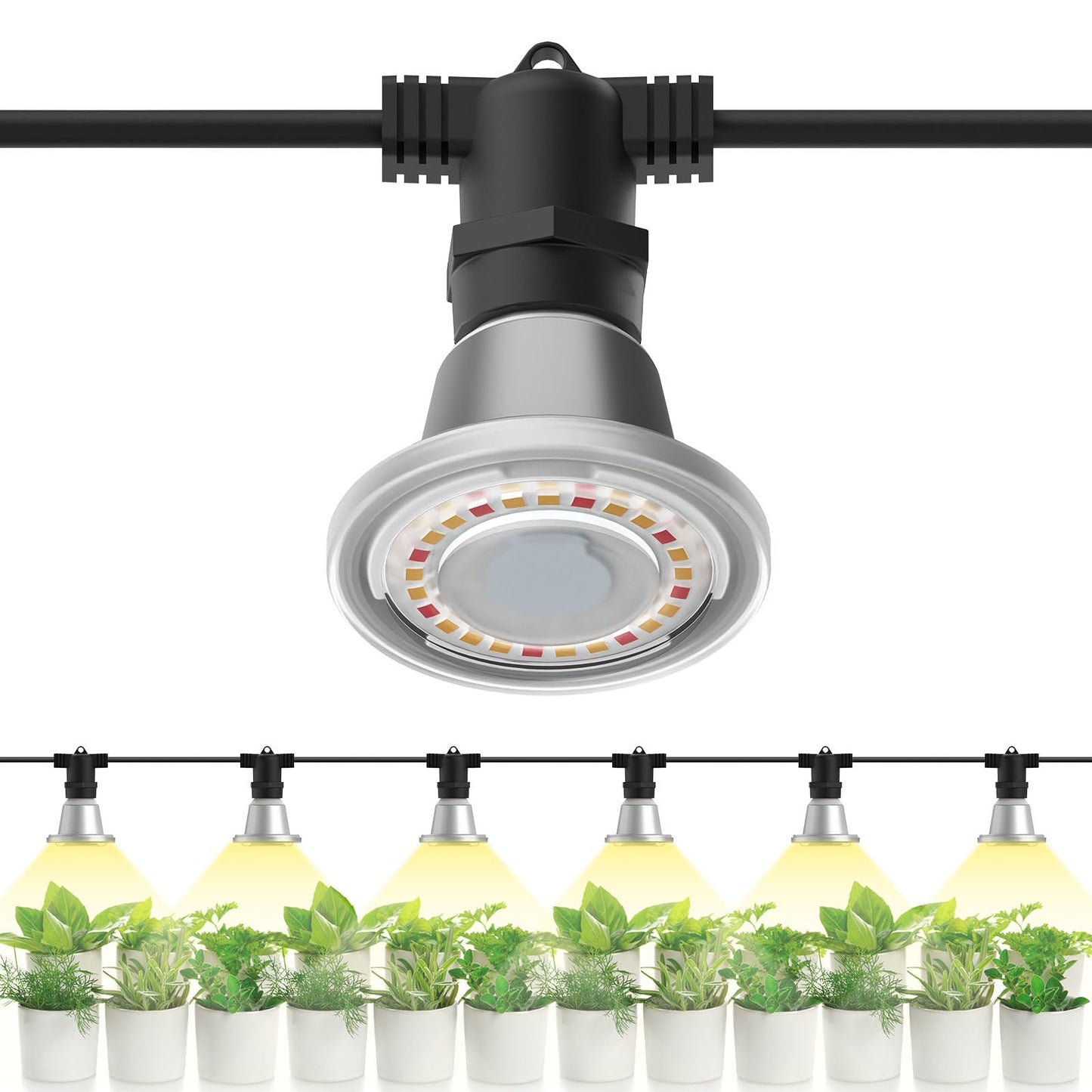 SANSI Hanging Grow Light String for Indoor Outdoor Plants, 6 LED Grow Light Bulbs 72W with Optical Lens for High PPFD, IP65 Waterproof Plant Grow Lamp for Greenhouse Garden (Upgraded)