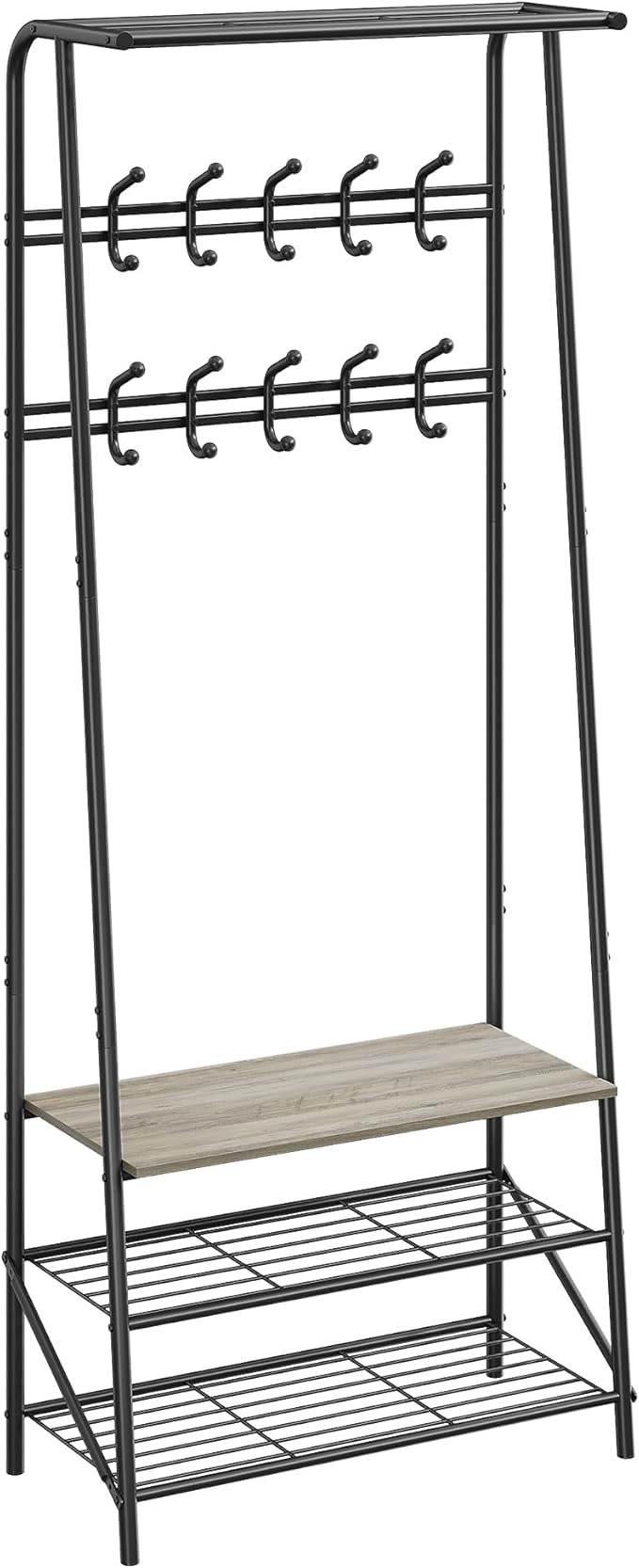 Coat Rack, 4-In-1 Hall Tree, Entryway Shoe Bench Coat Standwith Metal Frame, 3-Tier Shelf and 10 Hooks for Entryway,Hallway, Bedroom