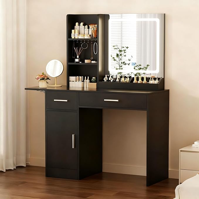 Vanity Desk with Mirror and Lights, 39.37" 4 Drawers Makeup Desk Without Stool, Extra Foldable Desk with 3 Open Shelves Make Up Table for Girls and Ladies Bedroom, Black