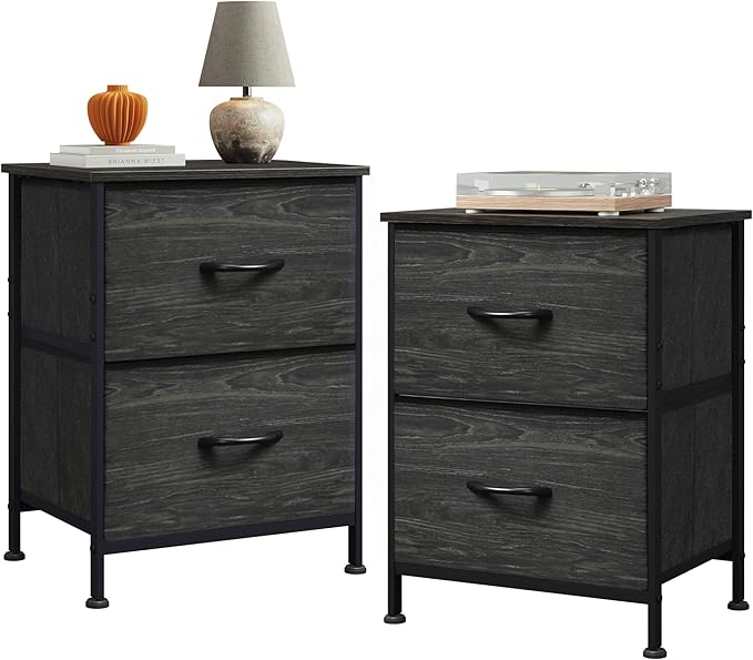 WLIVE Night Stand Set 2, Nightstand with 2 Fabric Drawers, Small Dresser for Bedroom, Bedside Table for Small Spaces, Dorm, Charcoal Black Wood Grain Print