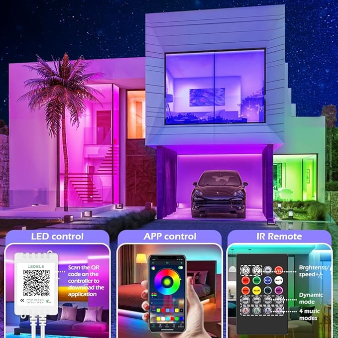 Led Strip Lights,Long Smart Led Light Strips Music Sync 5050 RGB Color Changing Rope Lights,Bluetooth APP/IR Remote/Switch Box Control Led Lights for Bedroom,Home Decoration,Party,Festival (200FT)