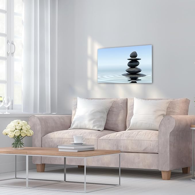 Zen Wall Art Decor, Modern Bathroom Zen Decor Wall Art, Zen Relaxing Canvas Wall Art for Spa Room Decor, Black Pebble and Waves Tranquil Zen Art Prints for Office & Spa Wall Decor 12x18 Inches