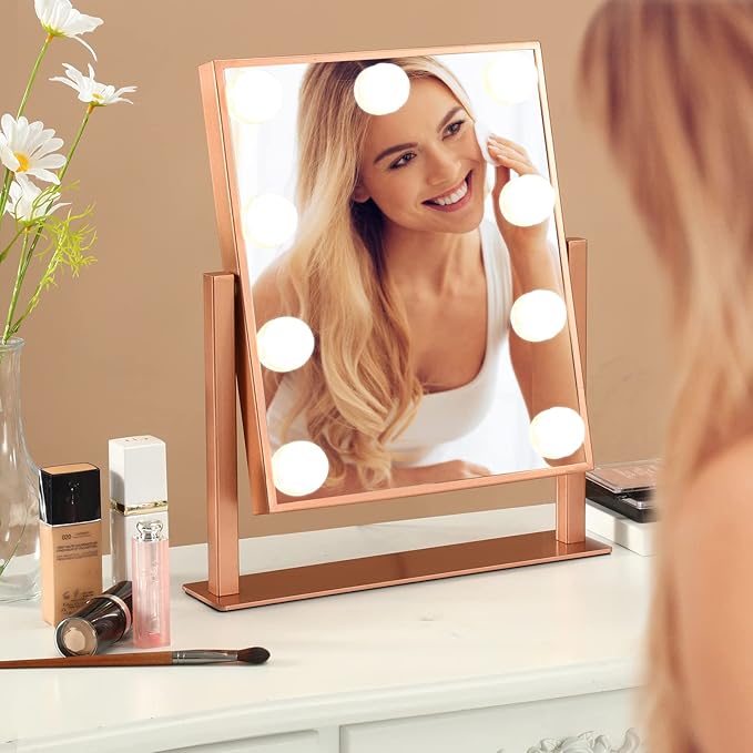 Makeup Mirror with Lights, Hollywood Mirror Lighted Vanity Mirror with 9 LED Bulbs, Touch Control Design 3 Colors Dimmable Bulbs Detachable 10X Magnification 360°Rotation(Rose Pink)