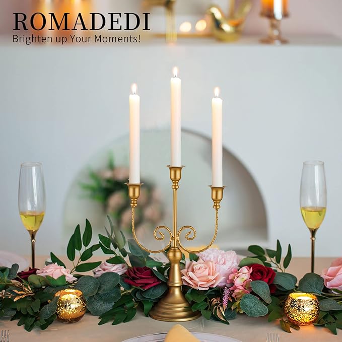 Romadedi Candelabra Gold Candle Holders - 3 Arm 11.8" Wedding Candlestick Holder for Theme Party Table Centerpiece Decor Dining Room Birthday Holiday Christmas, Set of 2