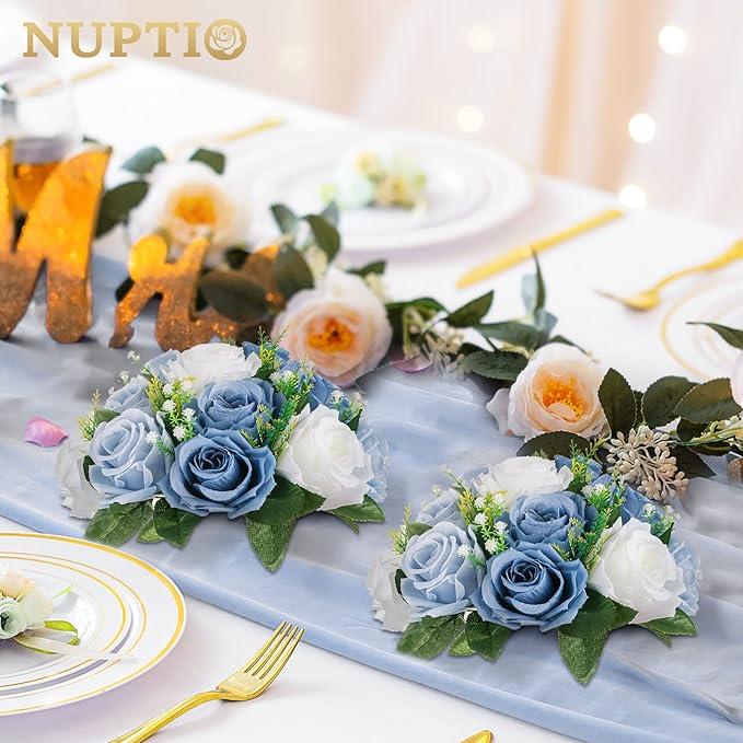 NUPTIO Flower Ball Arrangement Bouquet - 10 Pcs 9.5 inch Diameter Dusty Blue Fake Flowers Roses Balls for Centerpieces Tables - Artificial Rose Arrangements for Wedding Centerpiece Table Decorations