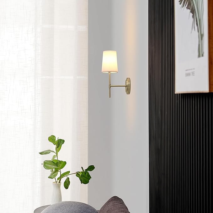 Globe Electric 51861 Clarissa 1-Light Wall Sconce, Matte Brass, White Fabric Shade, Bulb Not Included