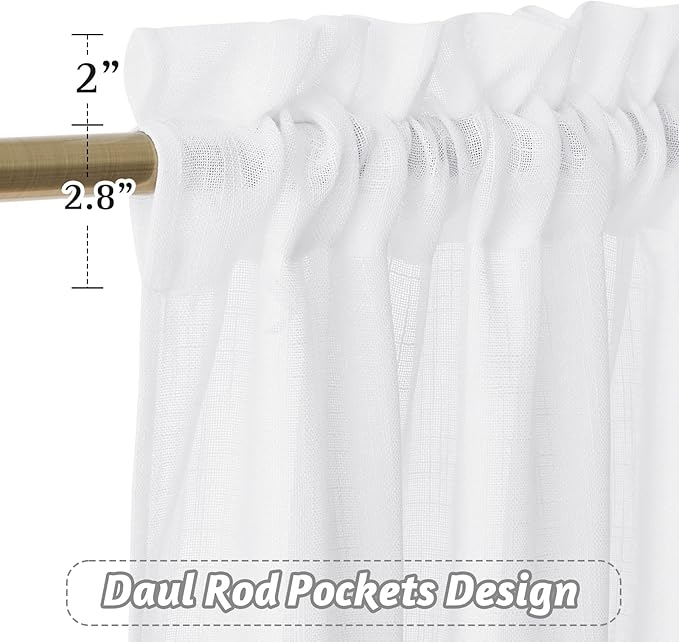 RYB HOME Semi Sheer Curtains 102 inches Long, White Light Filtering Half Privacy Window Curtains & Drapes for Bedroom Living Room, White, W 52 x L 102 inches, 2 Panels Set