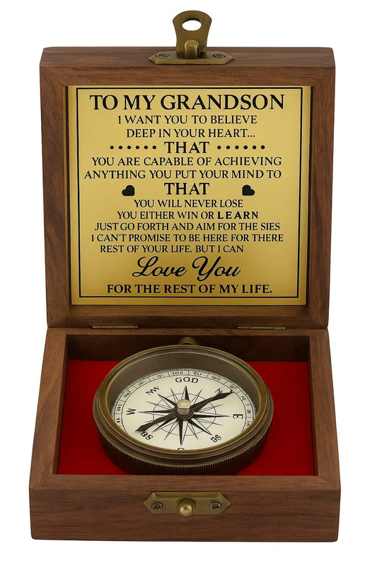 Smizzy Antiqued Brass Engraved Nautical Pocket Grandson Compass with Wooden Case Engraved with Love You - Vintage Style Home Decor Gift