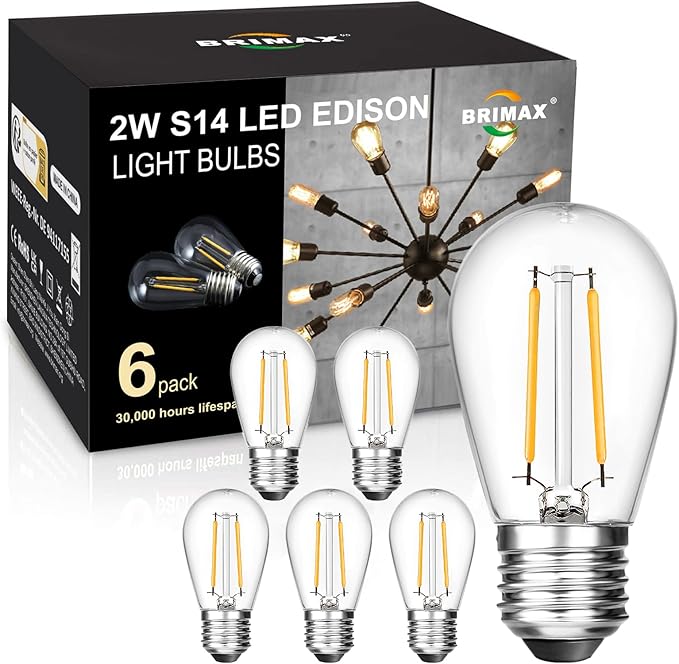 BRIMAX 6 Pack 2W LED Light Bulbs,Equivalent to 15W-20W,Low Watt Small S14 Replacement Bulbs for Outdoor String Lights and Sputnik Chandelier,Shatterproof,120V,2700K,E26 Base (3.35″ H × 1.77″ W)