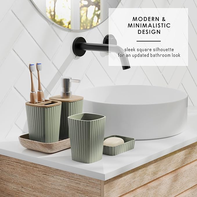 Clara Clark Bathroom Set - Sage Green Bathroom Accessories Set, 6PC Bathroom Accessory Set, Bathroom Sets with Toilet Brush, Trash Can & Soap Dispenser