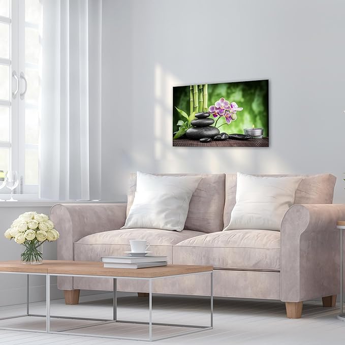 GUTTATY Zen Wall Art Decor, Modern Bathroom Zen Decor Wall Art, Canvas Wall Art for SPA Zen Room Decor, Green Bamboo and Pebble Relaxing Art Prints for Office & SPA Wall Decor 12x18 Inches