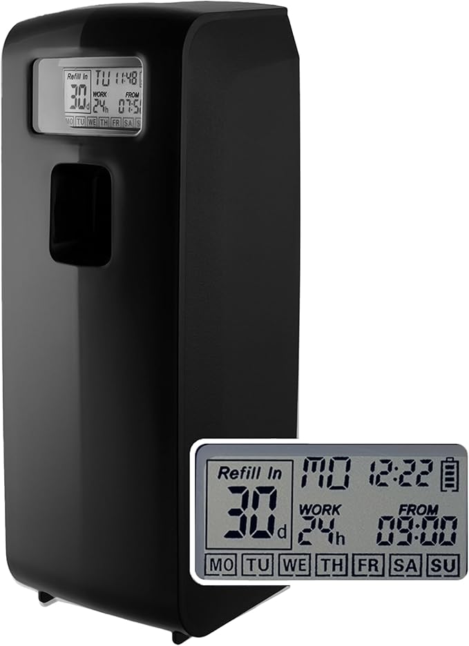 Programmable Commercial Air Freshener for Businesses or Home, Black LCD Automatic Bathroom Air Freshener Spray Dispenser- Schedule by Day, Time Period, Spray Frequency- Plus Days to Refill Countdown