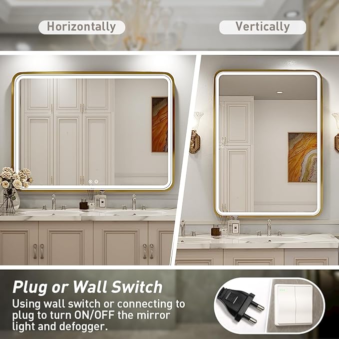 40x30 Inch LED Bathroom Mirror with Lights,Gold Metal Frame Lighted Vanity Mirror, Anti Fog Design&Dimmable&Touch Switch, Wall Mounted Rectangle Mirror (Horizontal&Vertical)