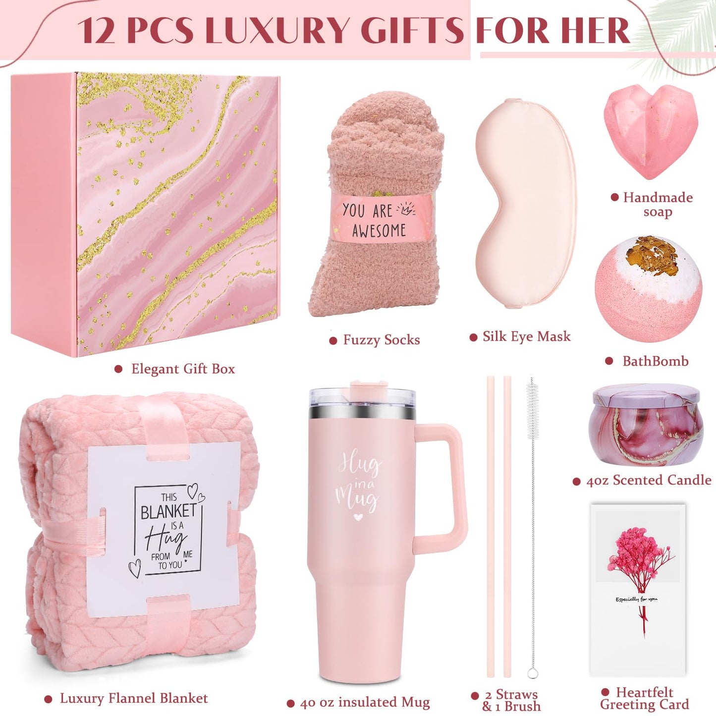 Gift Basket for Women, Best Birthday Gifts Set, Self Care Gift, Care Package, Get Well Soon Gift Box, Unique Ideas Spa Present Kit for Mom Girlfriend Her Sister Wife Friends Woman (Rose)