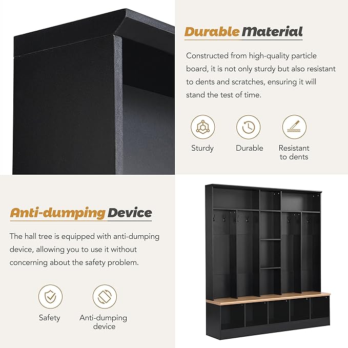 Merax 72'' H Hall Tree with Shoe Storage Bench, Modern Hall Tree with Storage Shelves & 8 Hooks, Coat Rack for Entryway, Mudroom, Hallway, Living Room,Black