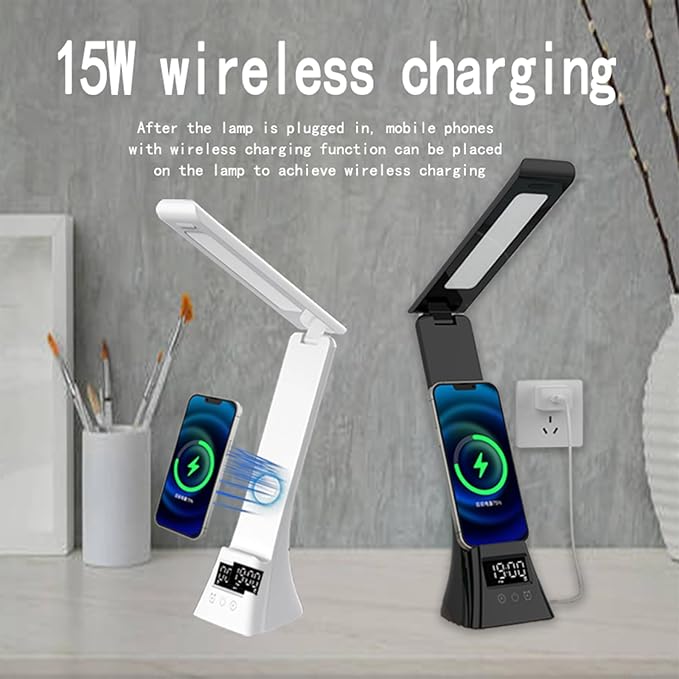 All-in-One Wireless Charging Desk Lamp with Digital Clock & Alarm, 15W Fast Phone Charger, 3 Color Lighting Modes, 180° Foldable, Touch Control for Bedroom, Office,TYV-2088 Black.