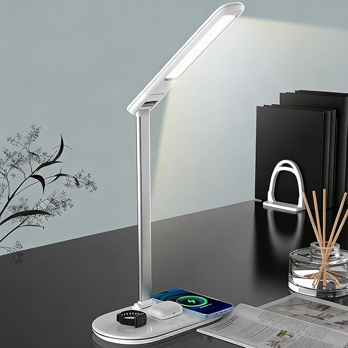 3-in-1 Wireless Charging Desk Lamp,15W Qi Fast Charger for Phone/Watch/Earbuds,Adjustable LED Light with 3 Colors & Stepless Dimming,Flexible Gooseneck,Touch Panel,HYT2096 White.