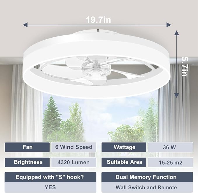 VOLISUN Low Profile Ceiling Fans with Lights and Remote, 19.7in Fandelier Ceiling Fan Flush Mount, 3000K-6500K Smart Bladeless LED Fan Light, White Modern Ceiling Fans with Lights for Bedroom