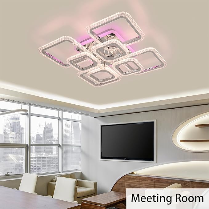 STCH Modern LED Ceiling Light Dimmable,23.6” Flush Mount Ceiling Light,8 Squares Chrome Acrylic Remote Control Chandelier Lighting Fixture for Living Room Office Dining Room Kitchen Bedroom,100W