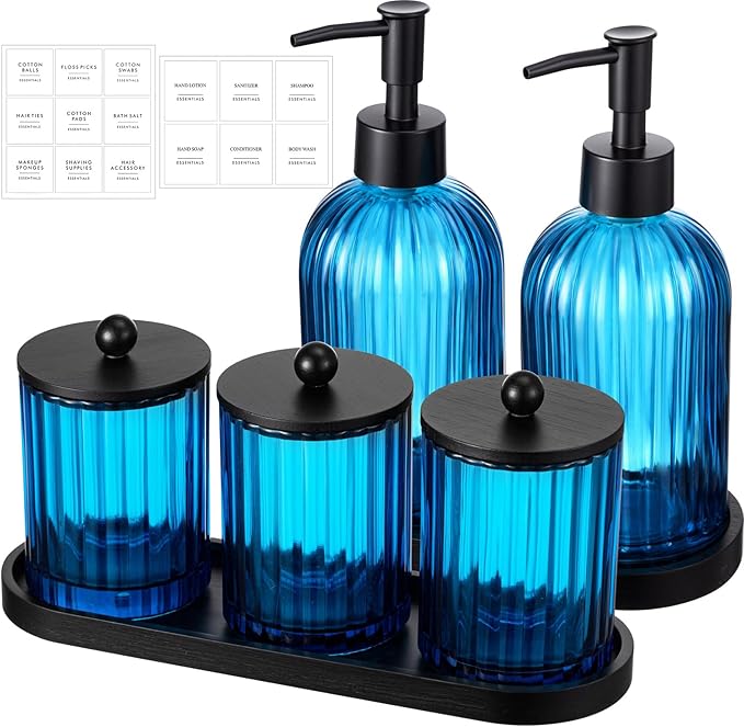 Yaomiao 5 Pack Bathroom Accessories Set, Modern Bathroom Decor Sets, Glass Liquid Soap Dispenser, Vanity Tray, Toothbrush Holder, Cotton Swab Jars with Lids for Sink Countertop(Blue,Striped)