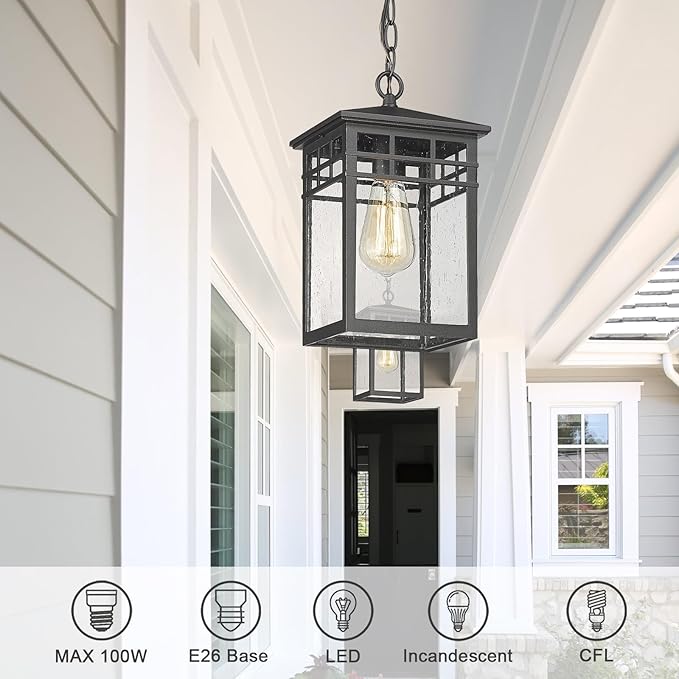 Outdoor Pendant Light Lanterns for Front Porch, Black Exterior Hanging Light Fixtures with Seeded Glass Shade for Patio, Entryway, Garage, Gazebo, RZ009-H BK