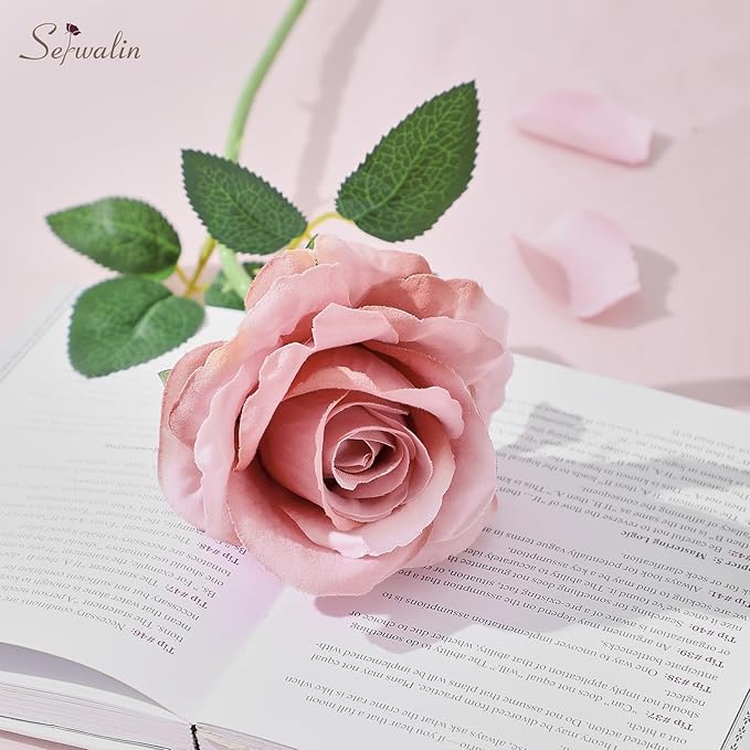 Serwalin 20PCS Artificial Roses, 4'' Big Flower Head, Dusty Pink Velvet Long Stem Roses, Silk Fake Roses Bouquet for Wedding Home Decor and Table Centerpiece