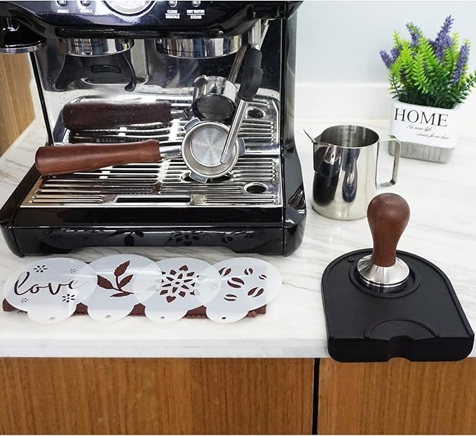 51mm Coffee Tamper Set Barista Kit for Portafilter Machine Wooden Espresso Tamper with Tamper Mat, Frothing Pitcher (350 ml/11.836 oz), Barista Towel, Latte Art Pen and Decorative Stencils
