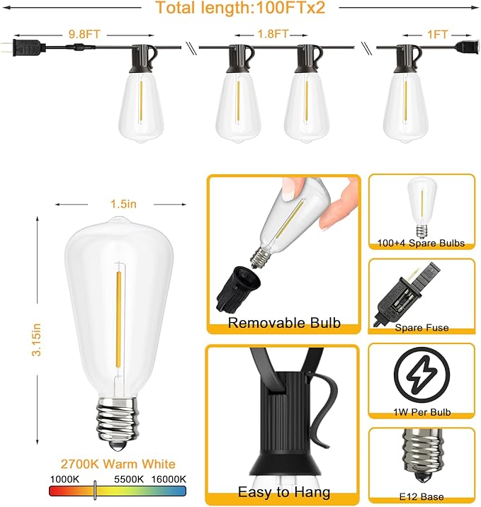 Svater Outdoor String Lights 200 FT, Commercial Vintage Patio Lights with 100+4 1W Shatterproof Plastic Led Bulbs, Connectable Dimmable Hanging String Lights for Backyard Porch Cafe(2 Pack 100 FT)