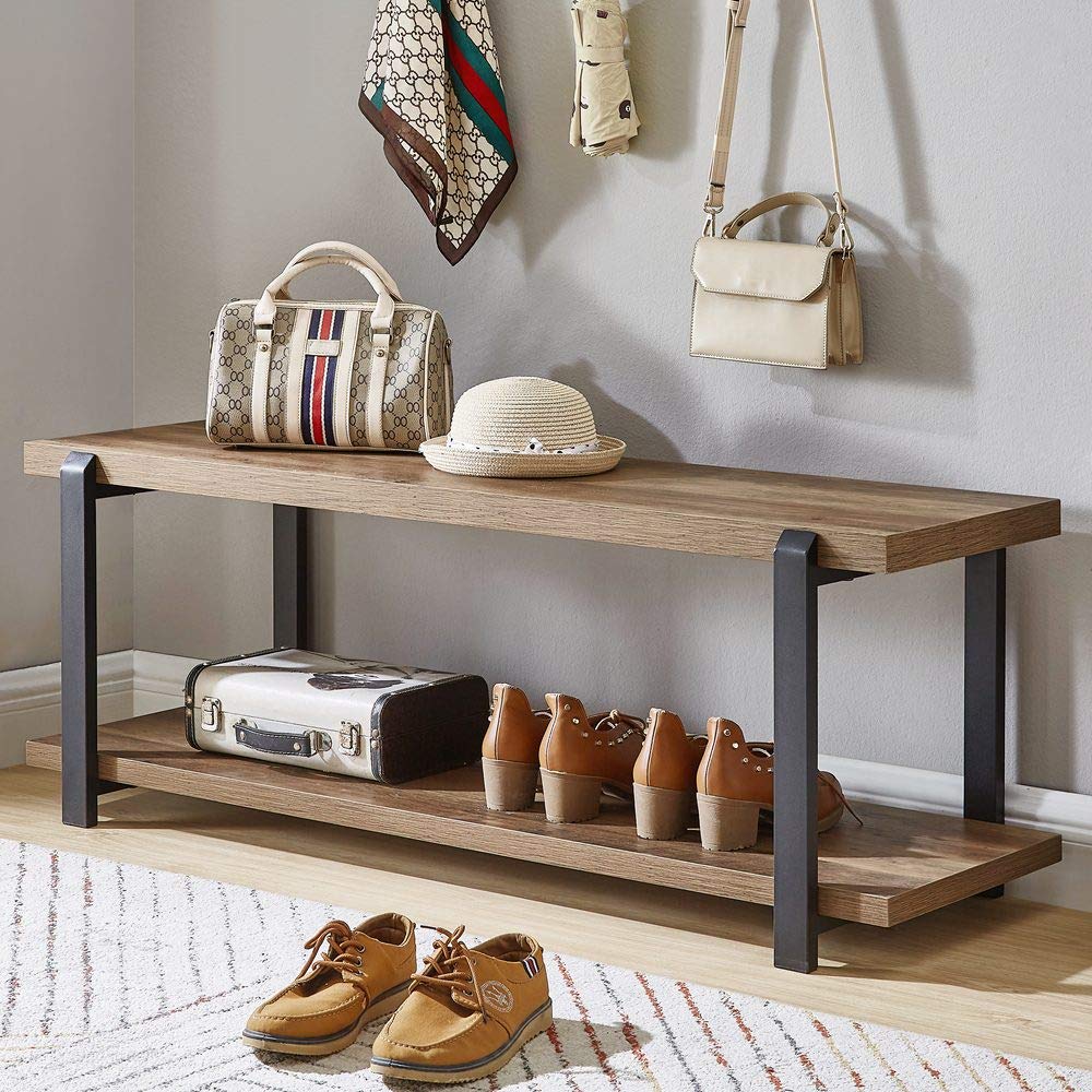 FOLUBAN Entryway Bench, Industrial Shoe Storage Bench for Bedroom Living Room, Modern Indoor Bench Seat for Hallway Front Door Entrance, Easy Assembly, Oak 47 inch