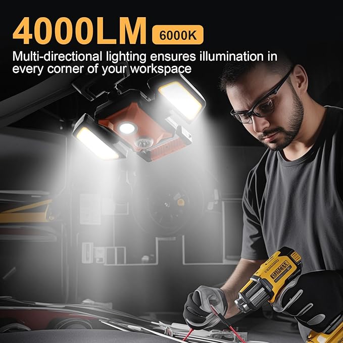 4000LM LED Work Light Rechargeable with Clamp, 40W Magnetic Work Light Battery Powered with 5 Light Modes, 350° Rotation, Portable Job Site Lighting for Construction Site,Workshop,Car Repairing