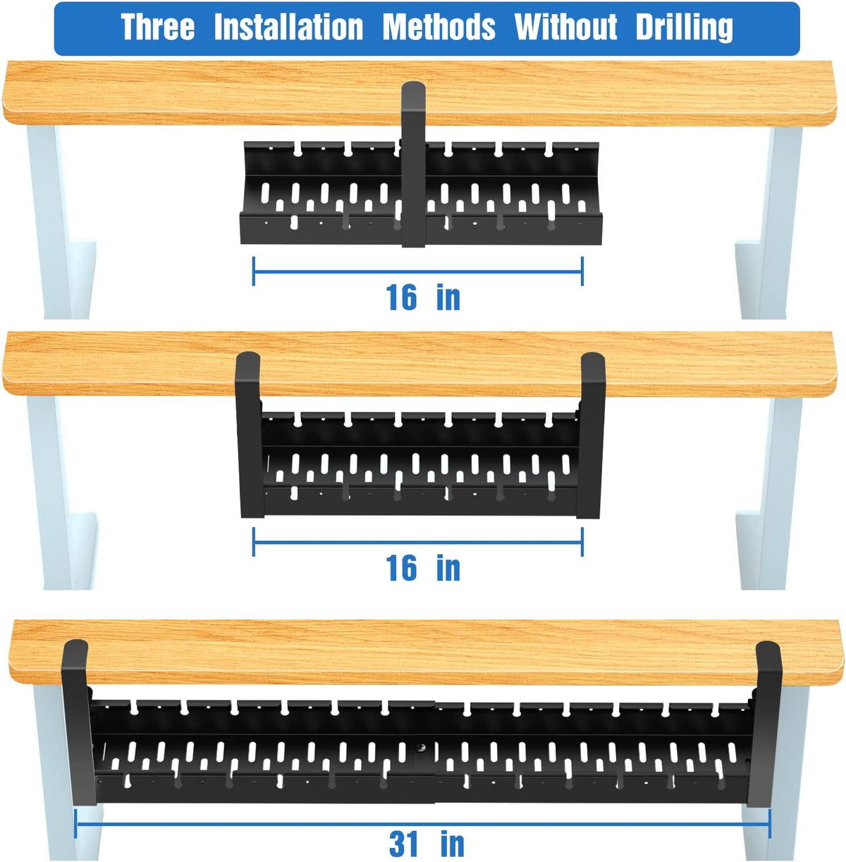 No Drilling Extendable Under Desk Cable Management, Metal Cable Management Tray Under Desk with Clamp, Retractable Power Strip Cord Holder for Wire Management 31Inch (1 Pack Black or white random 31')