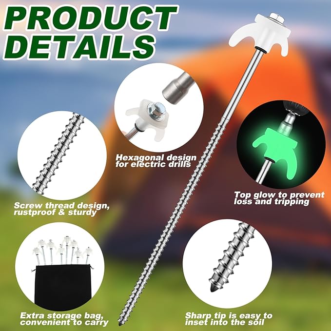 JaGely 10 Pcs 12 Inch Tent Stakes Heavy Duty Grow in the Dark Tent Stakes Metal Screw in Camping Stake with Luminous Head Ground Anchor Peg with Hex Head Driver for Camping Yard Decor (Luminous White)