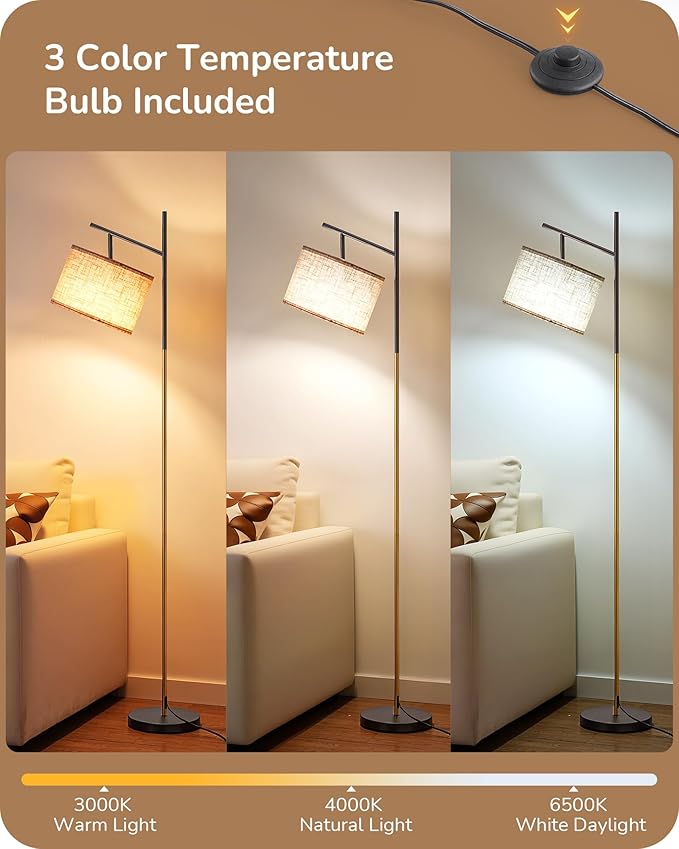 EDISHINE Modern Floor Lamps for Living Room, 64.7" Minimalist Standing Lamp with 3 Color Temperatures Bulb & Adjustable Linen Shade, Foot Pedal Switch, Arc Tall Lamp for Bedroom Office, Black Gold