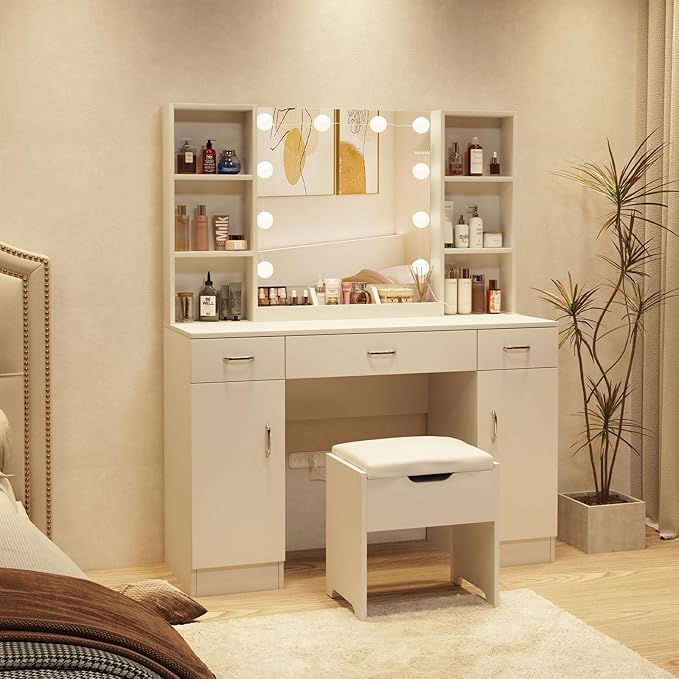 Makeup Vanity Desk with Lighted Mirror, White Vanity Set Makeup Table with 3 Drawers, 2 Cabinets and Storage Stool, Large Vanity 45inch, White