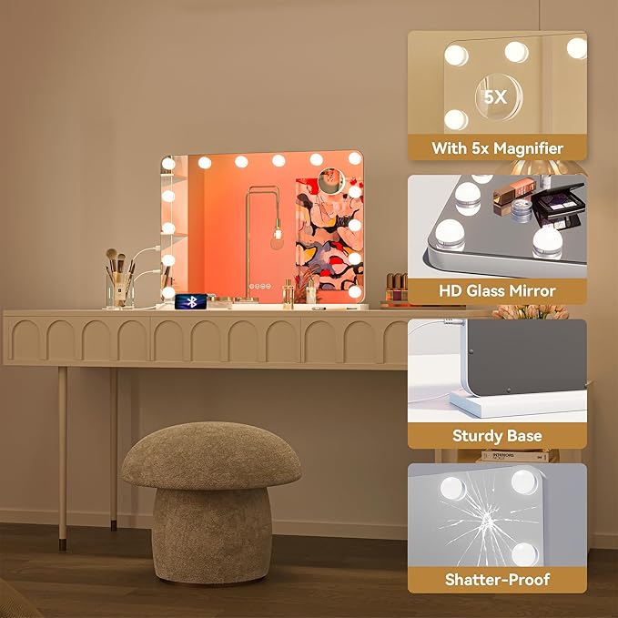 Hasipu LED Makeup Mirror with Bluetooth Speaker, 28" x 20" Makeup Mirror with Lights and Magnification, Hollywood Mirror with 3 Color Modes, LED Make up Mirror with USB & Type-C Charging