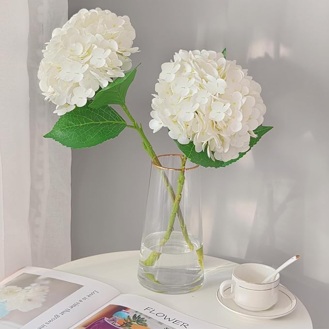 Real Touch White Hydrangea Artificial Flowers with Stems, Fake Silk Flowers for Outdoors, 3 Pcs Artificial Flowers for Home Decor Wedding Bouquets Centerpieces Vase