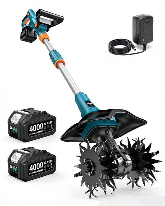 Cordless Tiller Cultivator for Gardening, 20V Electric Garden Rototillers with 2x4.0Ah Batteries, 9In Tilling Width,7In Depth, Adjustable Handle, Battery Powered Small Tiller for Soil/Cultivating/Lawn