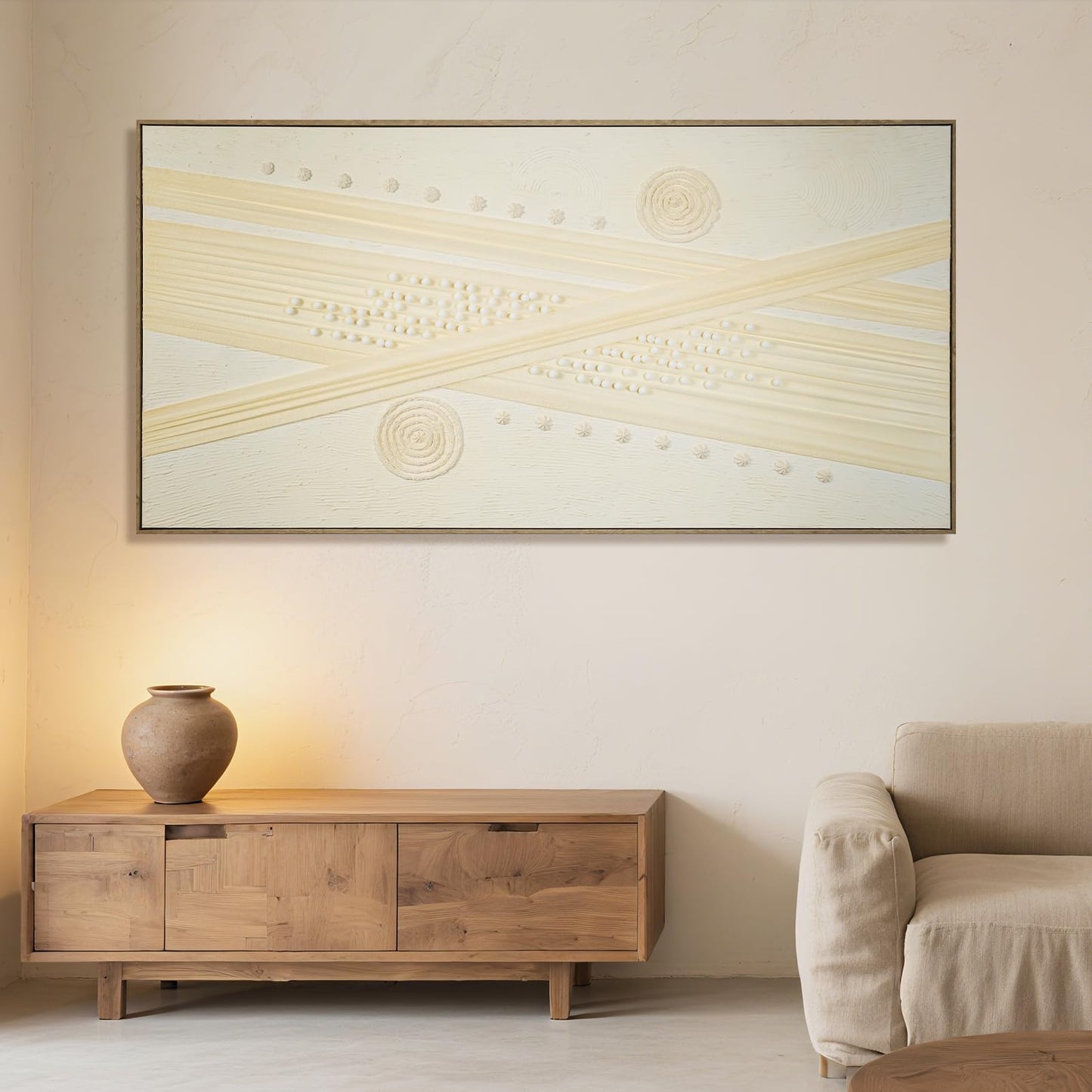 Abstract Wall Art for Living Room Canvas Painting Framed Boho Decor, Cuadros para Sala Elegantes y Modernos Dormitorios, Bedroom Office Handmade Large Size 29"x58"" with Tools Kit (Light Yellow)"