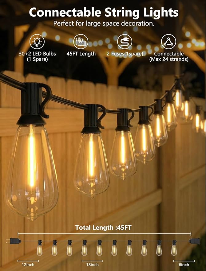 45FT Outdoor String Lights, 30 ST40 Shatterproof Vintage Edison Bulbs, Black Cord Waterproof LED Plug-in Commercial Patio Light, Hanging Decor for Large Backyard Wedding
