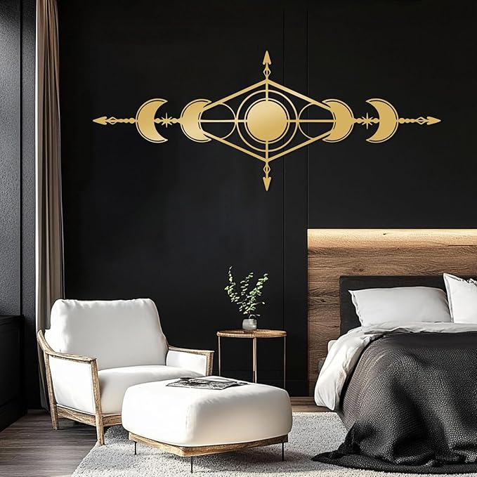 Hfrolixit Moon Phase Metal Wall Decor, Boho Moon Metal Wall Art, Celestial Wall Decor, Scandinavian Natural Wall Art, Astrology Wall Hanging (Gold, 24"x9"/60x24cm)