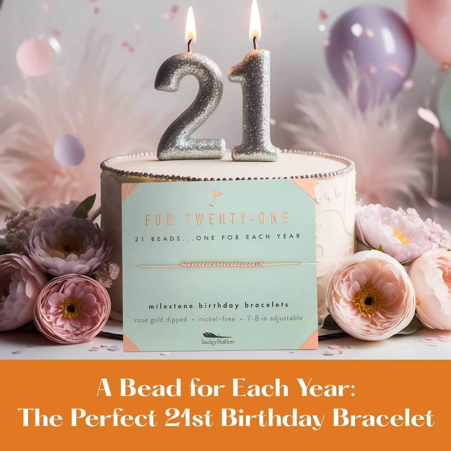 Lucky Feather 21st Birthday Gifts For Women - 14K Gold Dipped Beads Bracelet on Adjustable Cord, Birthday Gifts For Her, Women Turning 21