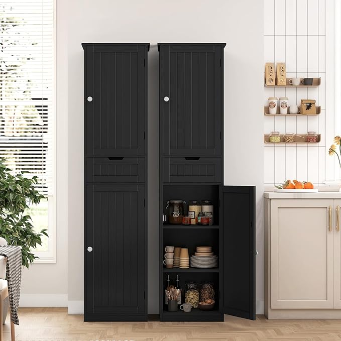 Iwell Tall Black Bathroom Cabinet with 2 Doors and 1 Drawer, Bathroom Storage Cabinet with Adjustable Shelves, Narrow Storage Unit for Living Room, Entryway, Kitchen, Black