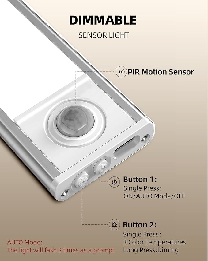 Under Cabinet Lighting Wireless,Rechargeable Battery Motion Sensor Light Indoor,LED Closet Lights USB Charging,3 Color Dimmable Under Cabinet Lights for Kitchen, Cabinet, Wardrobe (3 Pcs)12in