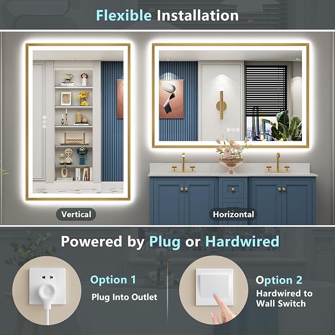 66x36 Gold Beveled LED Bathroom Mirror with Lights, Brushed Gold Framed Backlit and Front Lit Anti-Fog Lighted Vanity Mirrors for Bathroom Wall, Dimmable, 3 Colors, Memory, HD Tempered Glass