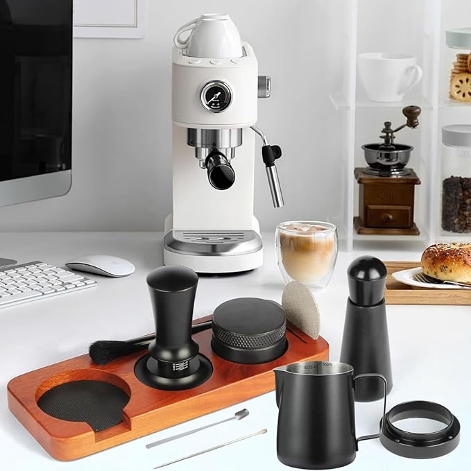 58mm Espresso Accessories 10 PCS - WDT Tool Kit， Coffee Tamper with Wood Espresso Tamping Station， Frothing Pitcher, Distributor, Stirrer, Dosing Funnel, Brush, Puck Screen， Latte Art Pen