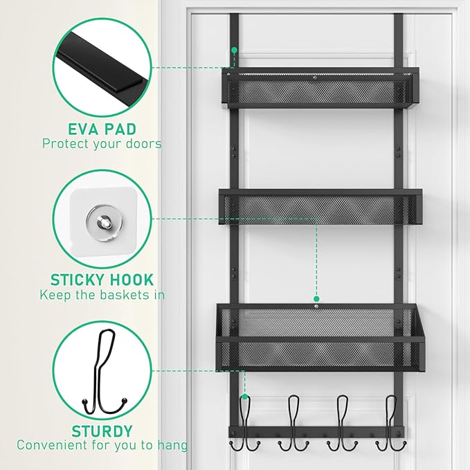 Over The Door Hook Organizer with 12 Hooks & 3 Mesh Baskets – Space-Saving Towel Rack & Storage Hanger for Bathroom, Kitchen, Bedroom, No Drill Door Hooks, Black